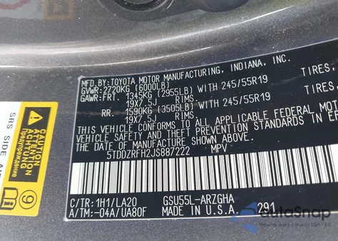 2018 Toyota Highlander Limited z USA, uszkodzony, nr VIN 5TDDZRFH2JS887222